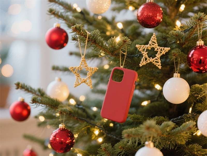 Beleuchteter Weihnachtsbaum mit roten und weißen Kugel und einer Handyhülle